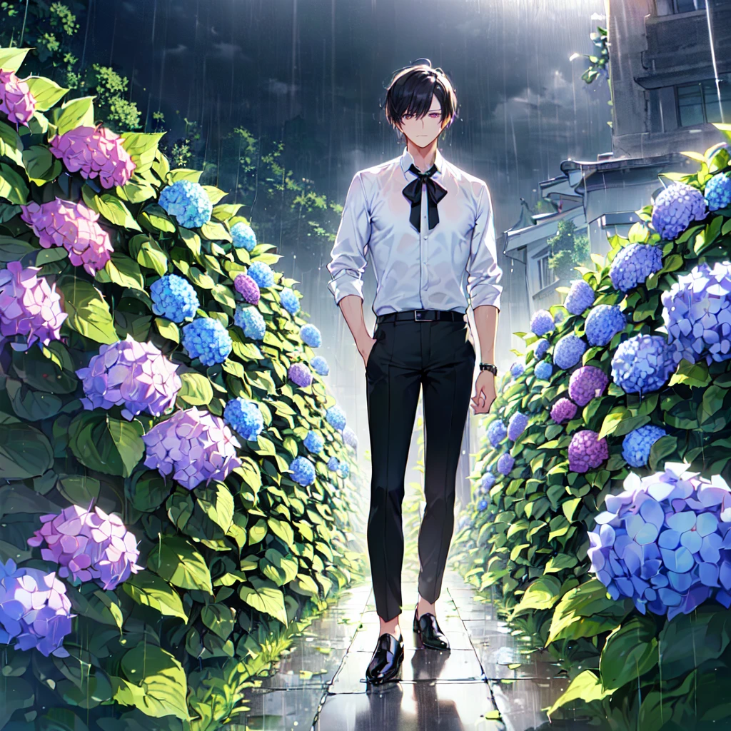masterpiece,best quality,high quality,(1 male austere good-looking man solo adult age 30: 1.5), purple eyes, cool with suspended eyes, V-shaped eyebrows, body strong and fearless 8.5 head tall, height 185 cm, (well-groomed black short hair down to neck: 1.4), (bangs split into seven thirds: 1.4), slender nose, expression lines, throat, (shirt and black trousers: 1.3), (hand on face), (standing), (stylish pose), (melancholy expression: 1.3), (background hydrangea garden: 1.3), (night rain: 1.3)