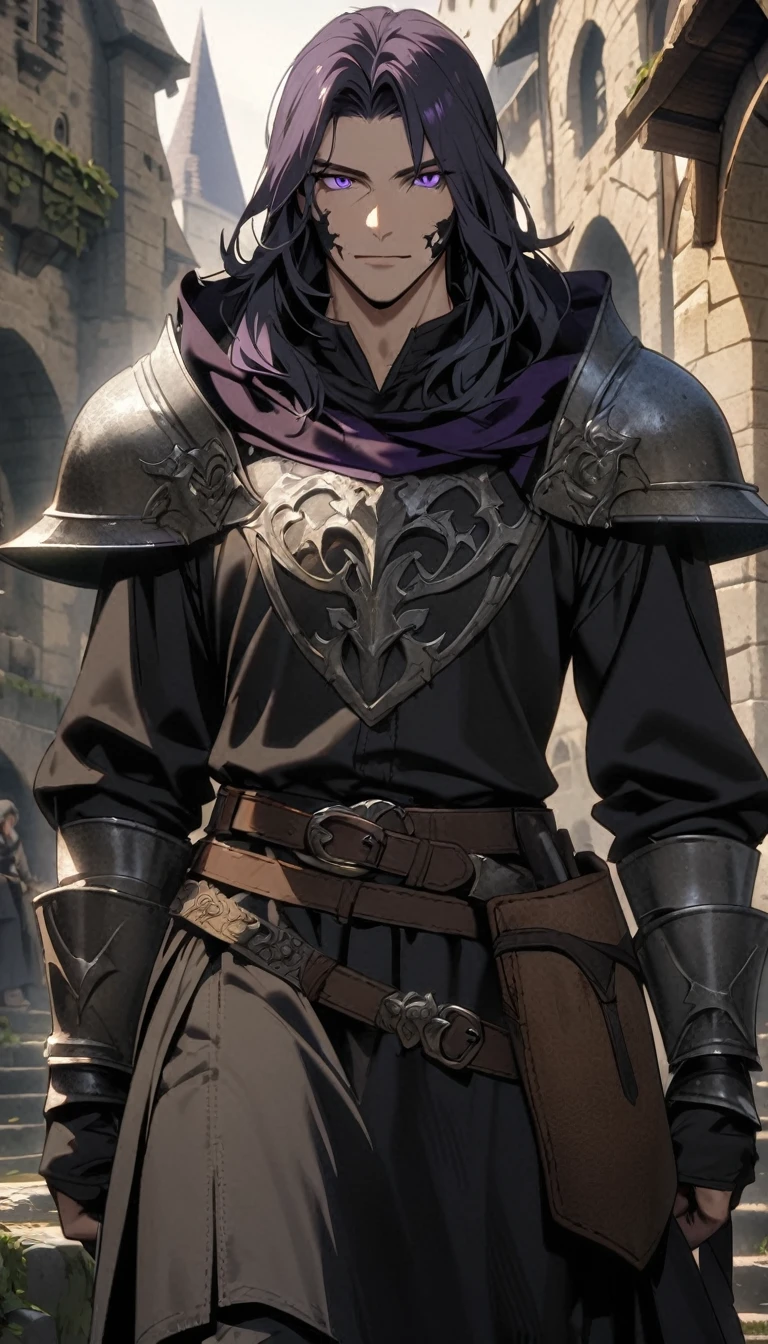 a human male thats made up of black smoke and has black smoke surrounding male, purple eyes, 1male, Medieval Fantasy setting,