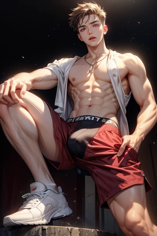 (absurd, A high resolution, ultra detailed, HDR), masterpiece, Best quality, Portrait of a boy, attractive guy with red eyes, detailed face, professional photo, Мужчина Алафед shirtless, Fight comfortably，legs open, (down jacket(from below:1.1)), Focus on your audience,18 year old boy, attractive guy, [ Firmly defined body ]，shirtless，The body is wrapped in a white bandage，press，pectoral muscle，short white trousers，large bulge，white shoes，