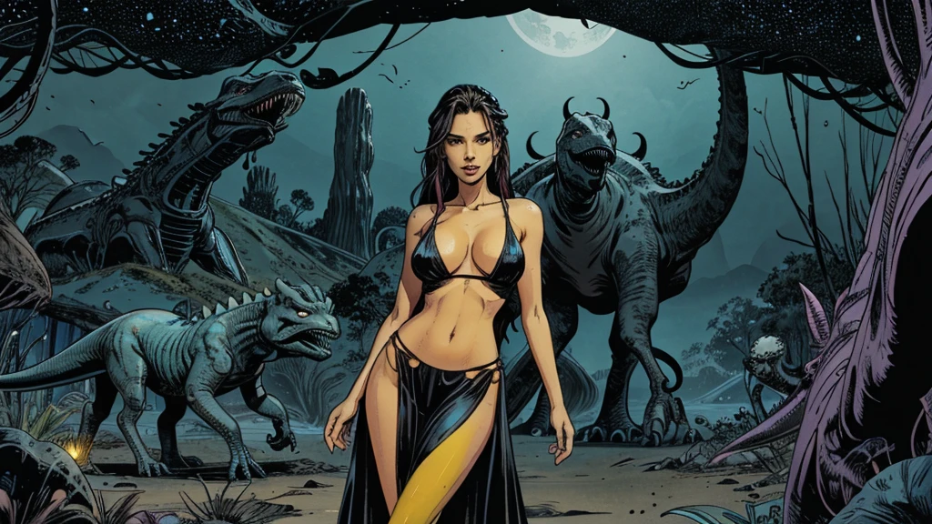 alien landscape with giant monsters, the foreground, a y girl with slender hips, slender hips, slender hips,medium bren a long sheer gown cut in slits up to her hips, low cut between her breasts tovel, long flowing hair, cleavage, brightld monsters, tentacled beasts, dinosaurs, very bright contrasting colors, bright colors, she is a goddess, a goddess,