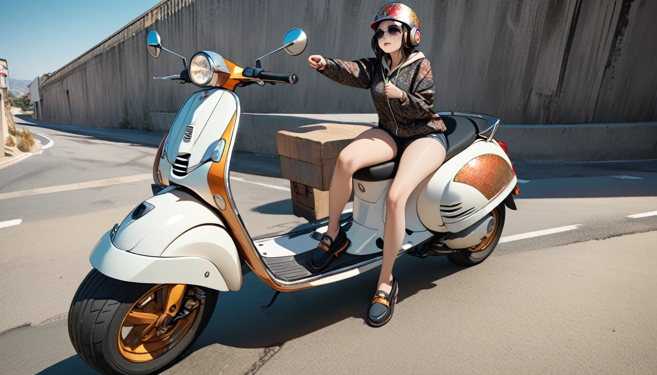 (((8K, Masterpiece, high resolution, highest quality, highest quality real texture skin))), ((wearing Japanese pattern headphones)), (((1 girl))), (((Driving a Vespa))), ((sunglasses)), (Japanese pattern hoodie, super mini shorts), (Black shiny hair, beige skin), ((Japanese patterned helmet)), (surreal, digital painting)