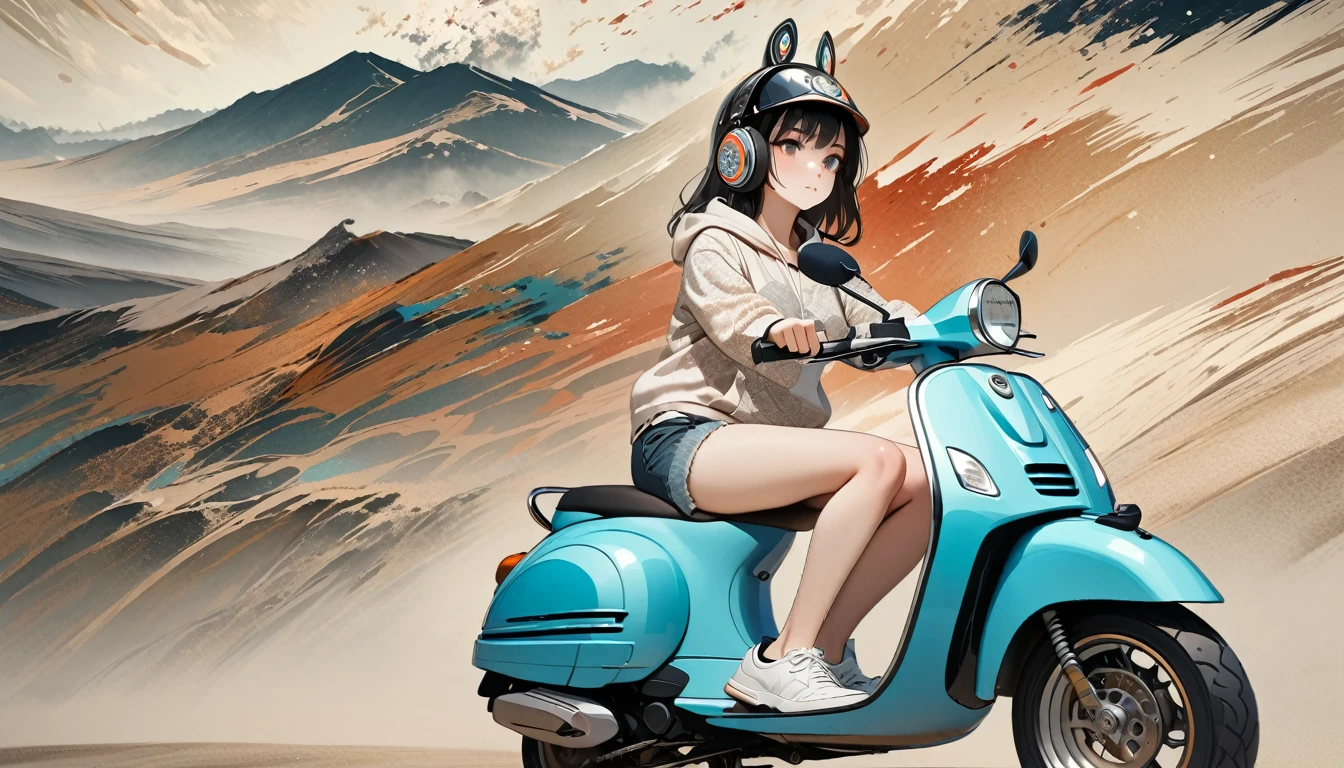 (((8K, Masterpiece, high resolution, highest quality, highest quality real texture skin))), ((wearing Japanese pattern headphones)), (((1 girl))), (((Driving a Vespa))), ((sunglasses)), (Japanese pattern hoodie, super mini shorts), (Black shiny hair, beige skin), ((Japanese patterned helmet)), (surreal, digital painting)