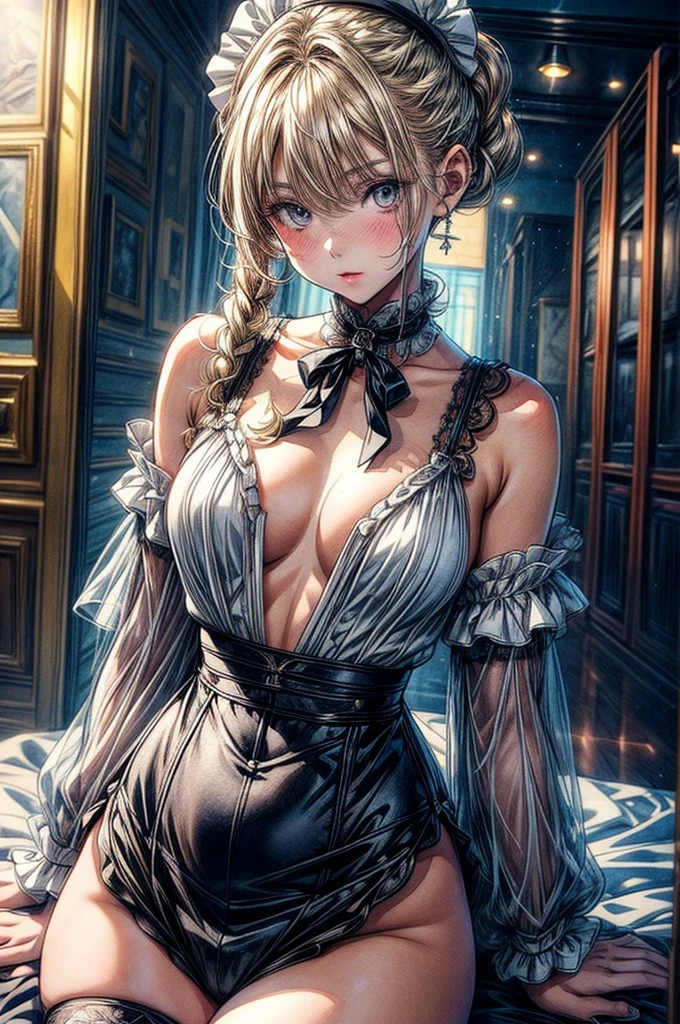 ((Sketch)), ((Watercolor)),((best quality)) ((best quality)), ((masterpiece)), (detailed), HD, Highly Detailed, 4k image, anime style, beautiful young age girl, 13 yarly white skin, Blonde braided ponytail hair, adorable and cute facial features, golden-brown colored eyes, White French Maid Uniform, Black sheer stockings plump thick lips, tiny breasts, slender and slim toned body type, tall height(180cm), small narrow waist, wide curvy hips, plump large round ass, full body picture