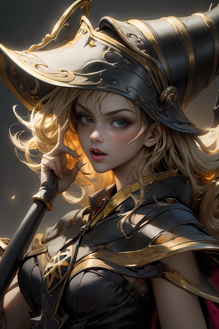 (8k,photorealistic　raw photography　the highest quality;1.4) 　(1girl in)　super beauty　(realistic face)　femenine body 　(Blonde with long curls)　Hold a black and red magic wand.　combat scene　Magic hat with black and gold exterior.　Beautiful expression　Glare　(Real looking skin)　(Giles dark wizards)　Tempting　super high resolution　A hyperrealist　high detail　Full body photo　remains