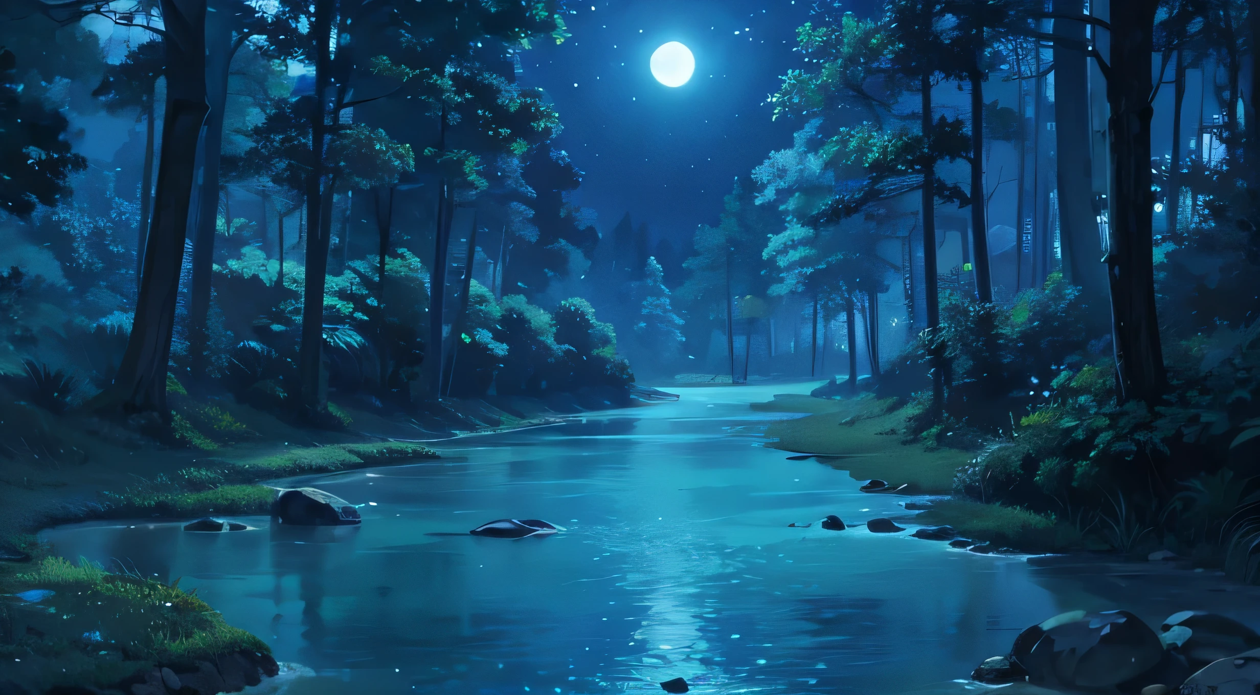 River at night in the middle of the forest. On the shore a little sand. Illustration. anime style. Luz nocturna azul