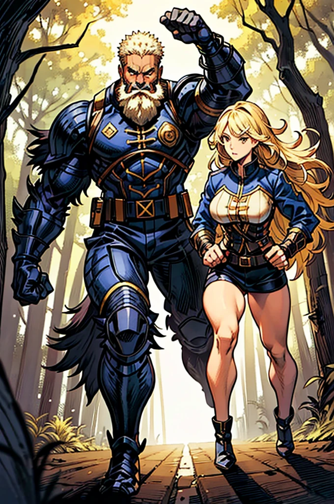 A muscular and wild black male werewolf monster (afro) bald and bearded side by side with a beautiful exuberant and perfect young white Aryan blonde woman with very long hair police officer in uniform and armed walking through a forest at night running courageously together facing the shadow monsters in an incredible hunt against the monster Wendigo