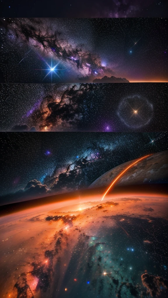 (Purple bright light) Nebula in the background, View from the planet, (Ultra-realistic), (masterpiece), Interstellar, Milky Way, 8K, Awesome Screensaver, Live Wallpapers