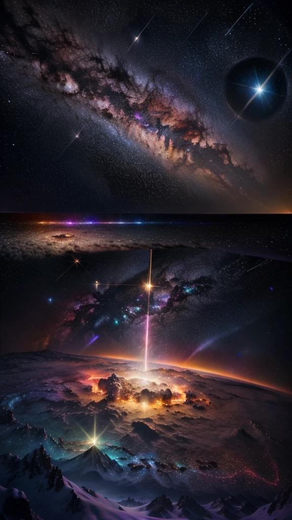 (Purple bright light) Nebula in the background, View from the planet, (Ultra-realistic), (masterpiece), Interstellar, Milky Way, 8K, Awesome Screensaver, Live Wallpapers