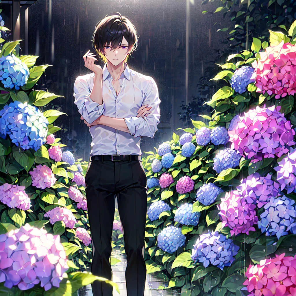 masterpiece,best quality,high quality,(1 male austere good-looking man solo adult age 30: 1.5), purple eyes, cool with suspended eyes, V-shaped eyebrows, body strong and fearless 8.5 head tall, height 185 cm, (well-groomed black short hair down to neck: 1.4), (bangs split into seven thirds: 1.4), slender nose, expression lines, throat, (shirt and black trousers: 1.3), (hand on face), (standing), (stylish pose), (melancholy expression: 1.3), (background hydrangea garden: 1.3), (night rain: 1.3), (upper body:1.3)