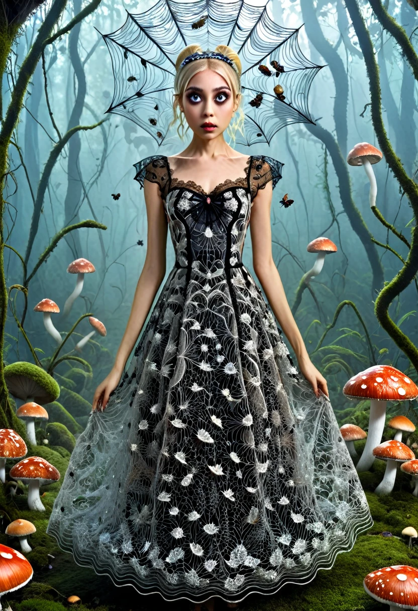 Karely Ruiz, spider-shaped lace dress, She looks with her enormous eyes directly at the mushrooms with an expression of astonishment as she sees herself surrounded by hundreds of crystal insects that have an impossible geometry.... All with the style of Tim Burton, in a kind of surreal dream. While drinking some tea.