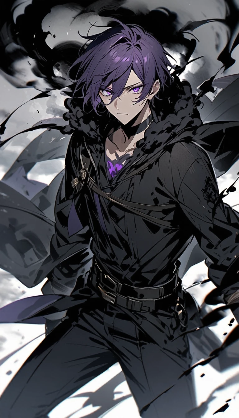 a human male thats made up of black smoke and has black smoke surrounding male, purple eyes, 1male