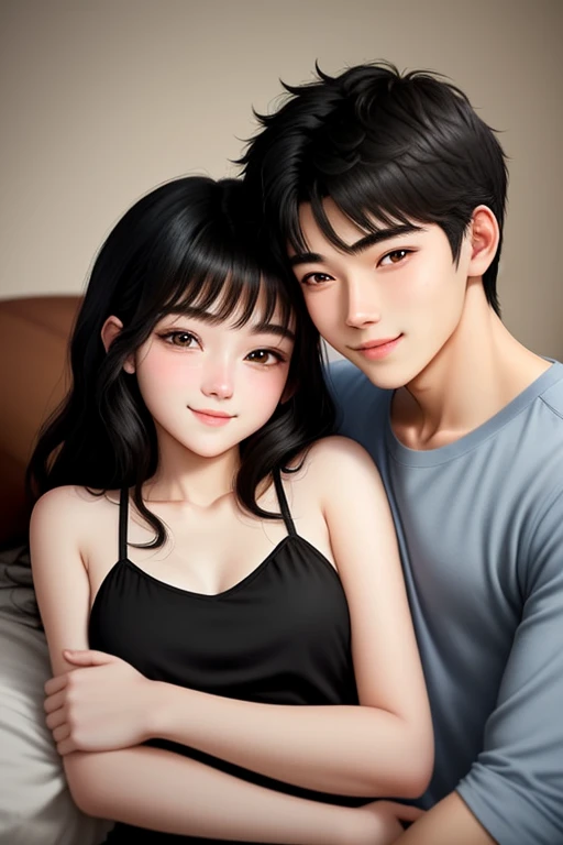 Couple hug scene on bed. 
20-year-old boy and 18-year-old girl, Detailed face, Detailed eyes, double eyelid, cute, sunny, warm, smile, Handsome-cool-warm-boy with black hair and hot-seductive-sexy-cute-beautiful-girl with black hair and blushing face. Intimate vibes.