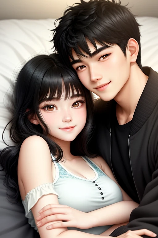 Couple hug scene on bed.
20-year-old boy and 18-year-old girl, Detailed face, Detailed eyes, double eyelid, cute, sunny, warm, smile, Handsome-cool-warm-boy with black hair and hot-seductive-sexy-cute-beautiful-girl with black hair and blushing face. Intimate vibes.