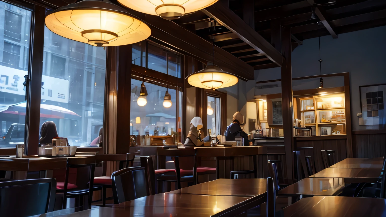 A cozy small café with a large window overlooking a rainy street. Inside, the warm, soft lighting creates a relaxing atmosphere. There are a few tables with people quietly reading books and sipping coffee. On one table, a steaming cup of coffee sits next to an open book. Outside the window, raindrops are visible on the glass, and people with umbrellas are walking by. The barista behind the counter is making coffee, adding to the overall sense of warmth and comfort. The scene should have a lofi aesthetic, with muted colors and a slightly nostalgic feel.
