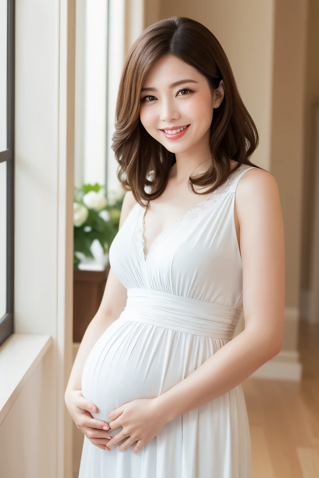 (Highest quality、Tabletop、、Best image quality、Award-winning works)、Pregnant women、Elegant and beautiful maternity clothes、Elegant beautiful hairstyle、Blurred random beautiful background、Accurate anatomy、The biggest smile looking at me、Smiling with beautiful teeth、Very bright、Bright and radiant skin