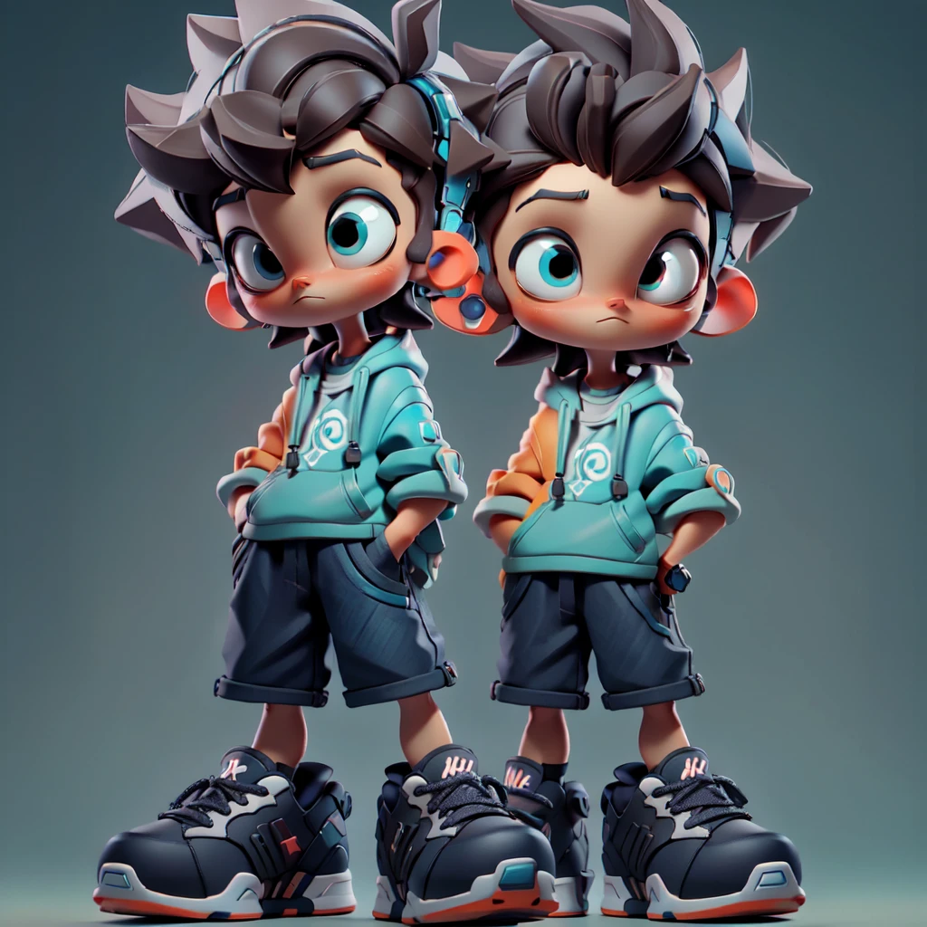 3D character, anime boy, large eyes, brown hair, blue headphones, gray t-shirt, shorts, oversized sneakers, hands in pockets, neutral expression
Cartoon model, young boy, detailed hair, big headphones, casual outfit, futuristic shoes, standing pose, minimal background, modern design
Stylized figure, boy with brown hair, turquoise headphones, graphic t-shirt, black shorts, colorful sneakers, relaxed stance, 3D rendering
Cute animated boy, expressive eyes, blue and orange color scheme, hands in pockets, detailed sneakers, backpack, simple background, modern art
Chibi-style character, big eyes, spiky hair, headphones, casual attire, large shoes, standing pose, muted colors, collectible figure design
