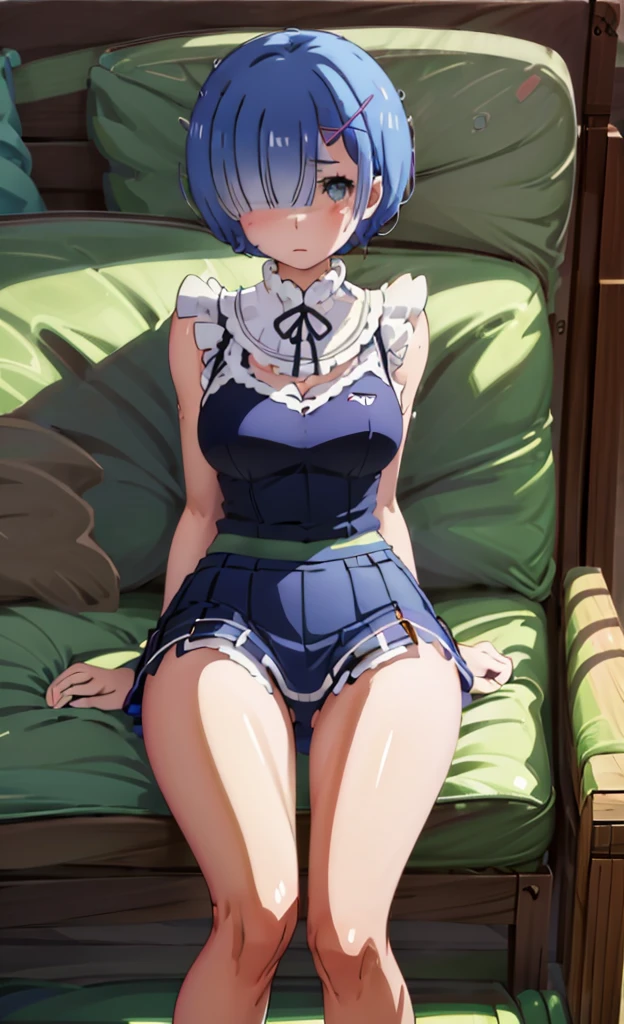 On the sofa、I can see her panties、M-shaped legs、M-shaped legs、M-shaped legs、Crouching、、I can see her panties、Blushing、Feeling embarrassed、Blushing、Blue Hair