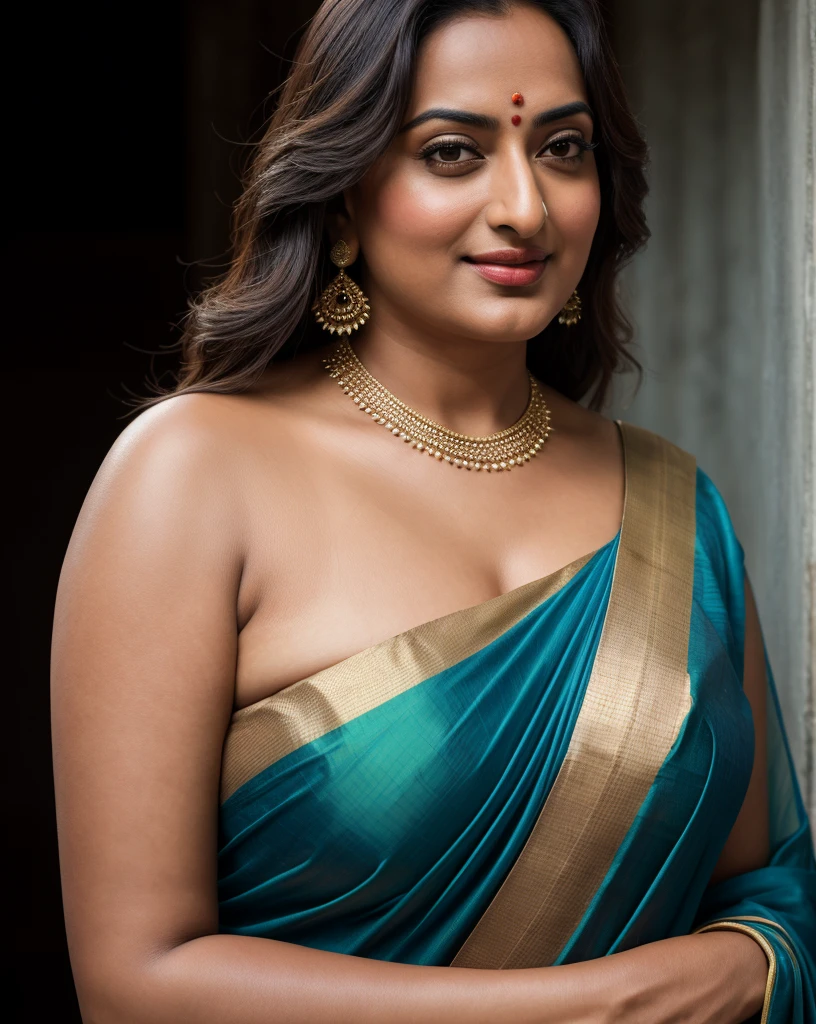 Foto RAW, photorealistic, photography, full body shot, 60 years old Woman, master shot, perfect eyes, goddess like beauty, pierced eyes, perfect thick chubby mallu Desi aunty bhabhi, Wearing a Stanapatta, a chest-band.Saree model, model Photography, Indian saree shoot, Indian traditional wear advertising photography, traditional wear brand shoot, face of Indian actress Sonakshi Sinha, masterpiece, realistic, realism, incredible details, pleasure, photorealism, detailed skin, skin pores, high contrast, photorealistic Artstation 8k HD digital art trend of high definition and detailed realistic skin texture, ultra detail, realistic skin texture, armature, best quality, ultra high definition, (photorealistic:1.4),, high resolution, detail, raw photo, sweat, Re sharp, by Lee Jefferies Nikon D850 Film Stock Photo 4 Kodak Portra 400 Camera F1.6 Lens Rich Color Ultra Real Realistic Realistic Textures Dramatic Lighting Unreal Engine Trending at Art Station Cinestill 800,(pele altamente detalhada: 1.2), 8k UHD, DSLR, soft-lighting, alta qualidade, grain of film, Fujifilm XT3,she didn't like to wear blouse or bra, she is happy to wear only saree, she hates blouse or bra, detailed hairy armpits, hyper realistic skin, skin pores, sweat, veins,