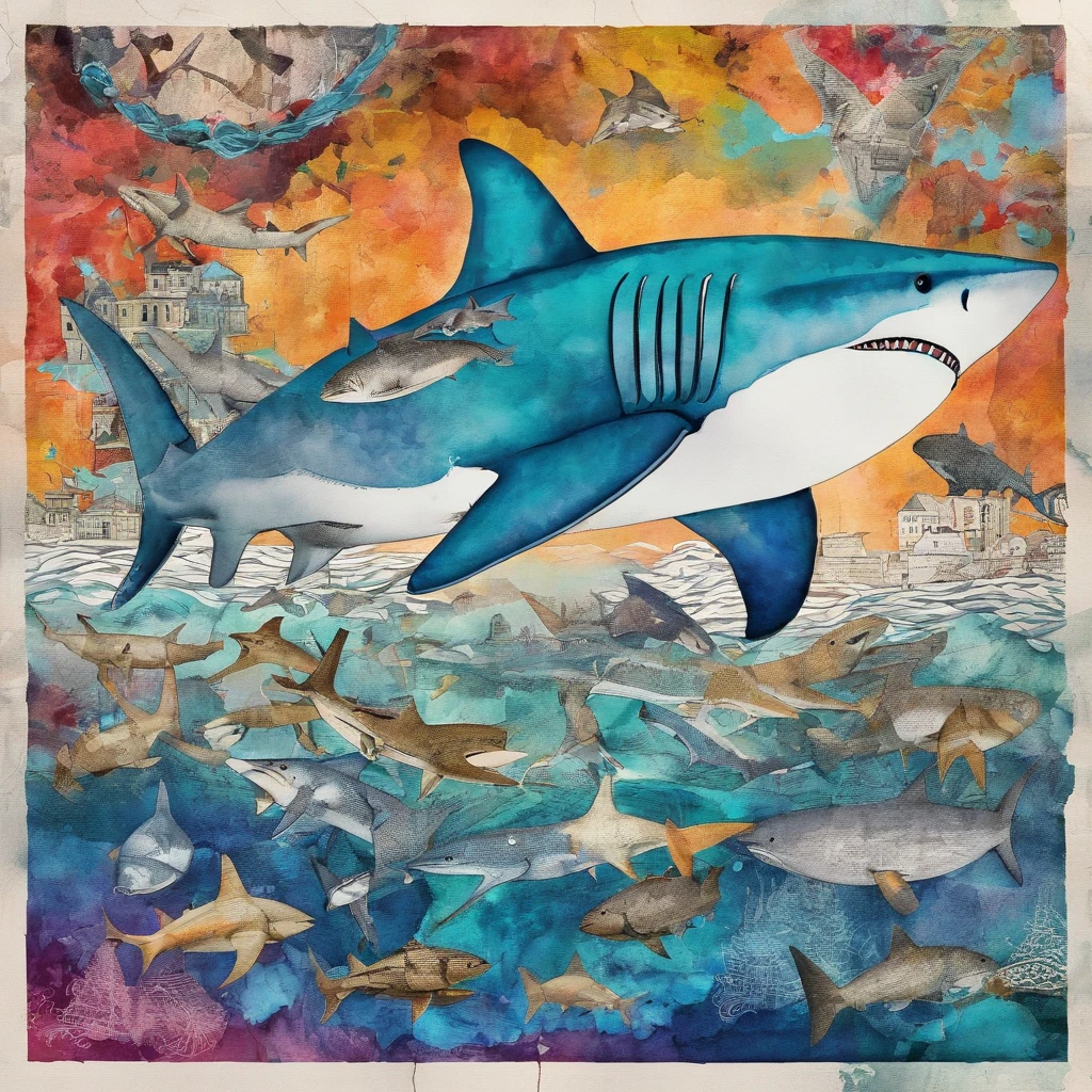 Requin controlant, inquiétant inquisiteur, regard froid et glacé, fonds ocean iceberg ::2 colorfull ink painting ::2 fantastic art
