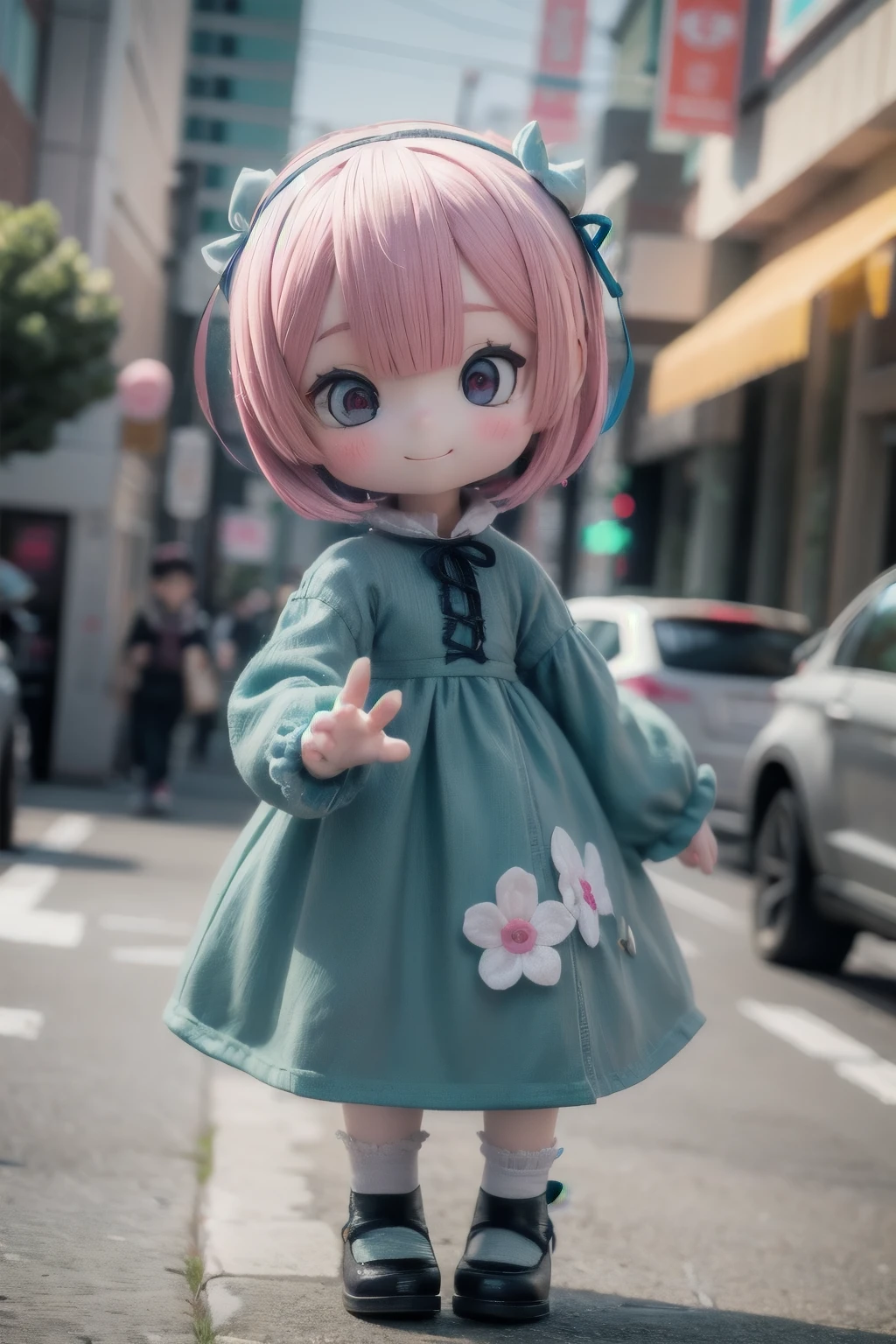 Photorealistic、Chibi Girl Doll（Street、Rem's Cosplay of Rezero、whole body、smile）