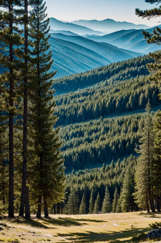 Natural landscape, pine trees, simple, mountains, horizon