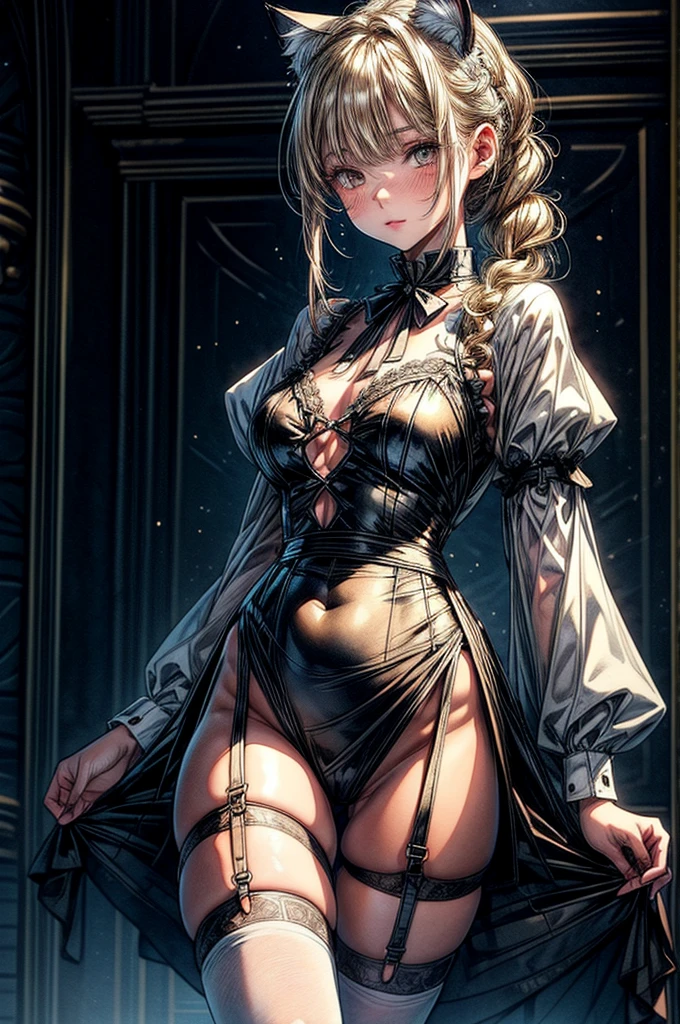 ((Sketch)), ((Watercolor)),((best quality)) ((best quality)), ((masterpiece)), (detailed), HD, Highly Detailed, 4k image, anime style, beautiful young teenage girl, 13 years old, pearly white skin, Blonde braided ponytail hair, adorable and cute  features, golden-brown colored eyes, White French Maid Uniform, Black sheer stockings plump thick lips, tiny breasts, slender and slim toned body type, tall height(180cm), small narrow waist, wide curvy hips, plump large round ass, full body picture, cat-ears, cat tail