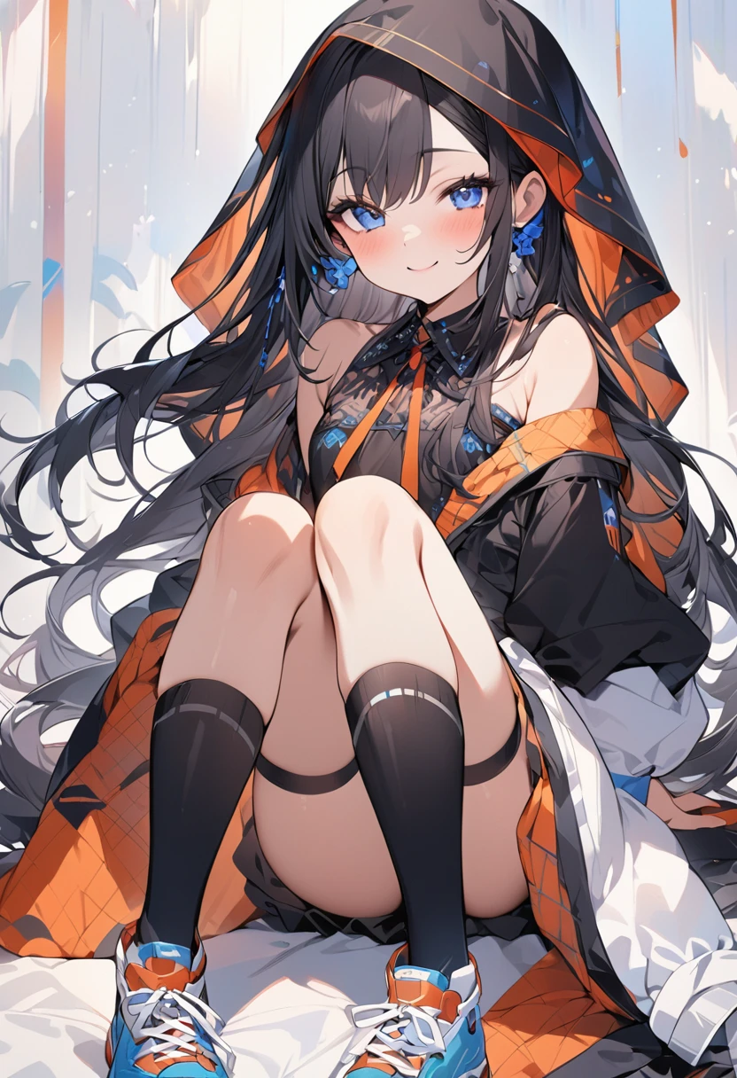 ((Highest quality)), ((masterpiece)), ((Very detailed)), (Very mature),A cute, gentle-looking female high school student with black hair and a height of about 165cm.，A female high school student with a cute smile and small breasts wearing a transparent blue waifus with a cute patterned hood and bare shoulders, A woman with a slightly long, round face and a gentle appearance.，Small Faced Woman，alone, Cute attitude,(background(bright)，Long Hair - Straight，Knee-high socks、A transparent blue veil with a cute pattern and white hood with off-the-shoulder sleeves，White wall、Sitting、Facing the viewer、縁に模様がある壁が1面のbackground