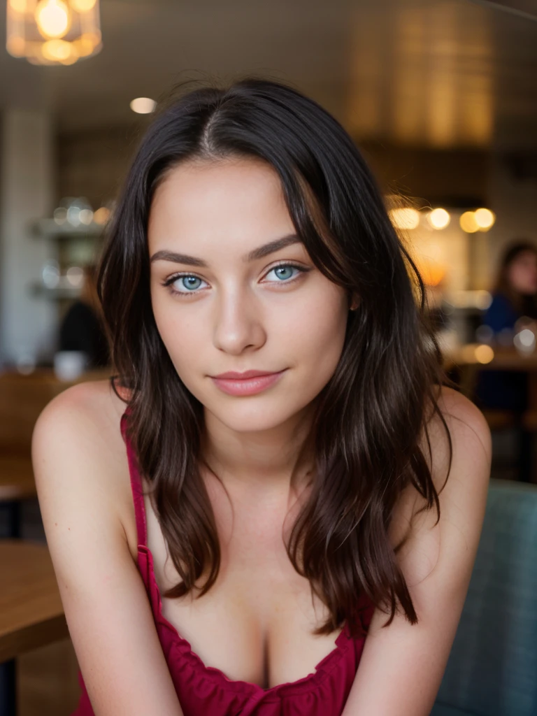 beautiful 18-year-old Norwegian woman with black hair and blue eyes, pale skin, wearing red summer dress (inside a modern café at sunset), very detailed, 21 years old, innocent face, natural wavy hair, blue eyes, high resolution, masterpiece, best quality, intricate details, highly detailed, sharp focus, detailed skin, realistic skin texture, texture, detailed eyes, professional, 4k, charming smile, shot on Canon, 85mm, shallow depth of field, kodak vision color, perfect fit body, extremely detailed, foto_\(ultra\), photorealistic, realistic, post-processing, maximum detail, roughness, real life, ultra realistic, photorealism, photography, 8k uhd, photography