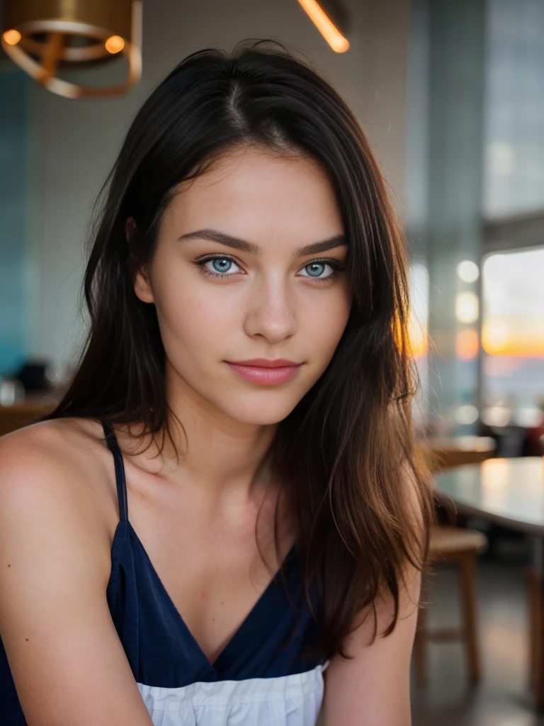 beautiful 18-year-old Norwegian woman with black hair and blue eyes, pale skin, wearing red summer dress (inside a modern café at sunset), very detailed, 21 years old, innocent face, natural wavy hair, blue eyes, high resolution, masterpiece, best quality, intricate details, highly detailed, sharp focus, detailed skin, realistic skin texture, texture, detailed eyes, professional, 4k, charming smile, shot on Canon, 85mm, shallow depth of field, kodak vision color, perfect fit body, extremely detailed, foto_\(ultra\), photorealistic, realistic, post-processing, maximum detail, roughness, real life, ultra realistic, photorealism, photography, 8k uhd, photography