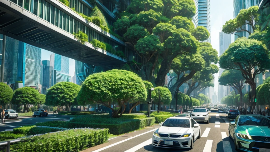 A futuristic cityscape overgrown with lush vegetation, flying cars weaving through towering trees. (Style: Biopunk)