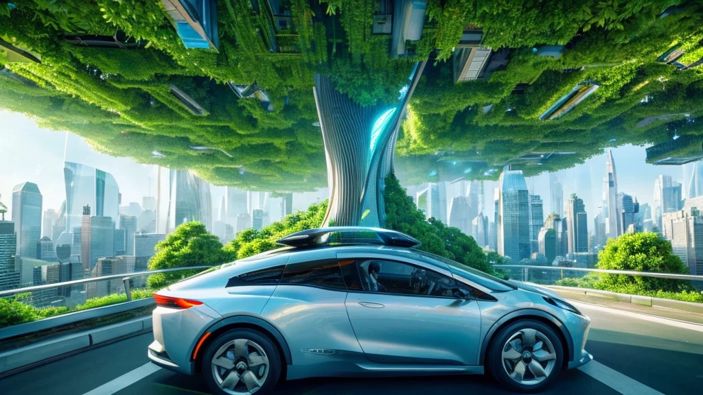 A futuristic cityscape overgrown with lush vegetation, flying cars weaving through towering trees. (Style: Biopunk)