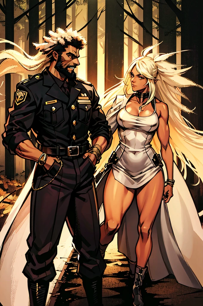 A muscular and wild black male werewolf monster (afro) bald and bearded side by side with a beautiful exuberant and perfect young white Aryan blonde woman with very long hair police officer in uniform and armed walking through a forest at night running courageously together facing the shadow monsters in an incredible hunt against the monster Wendigo