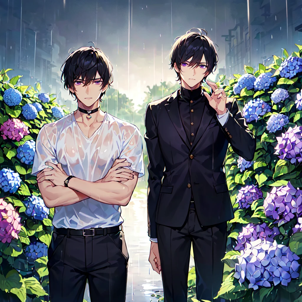 masterpiece,best quality,high quality,(1 male austere good-looking man solo adult age 30: 1.5), purple eyes, cool with suspended eyes, V-shaped eyebrows, body strong and fearless 8.5 head tall, height 185 cm, (well-groomed black short hair down to neck: 1.4), (bangs split into seven thirds: 1.4), slender nose, expression lines, throat, (shirt and black trousers: 1.3), (hand on face), (standing), (stylish pose), (melancholy expression: 1.3), (background hydrangea garden: 1.3), (night rain: 1.3), (upper body:1.3)