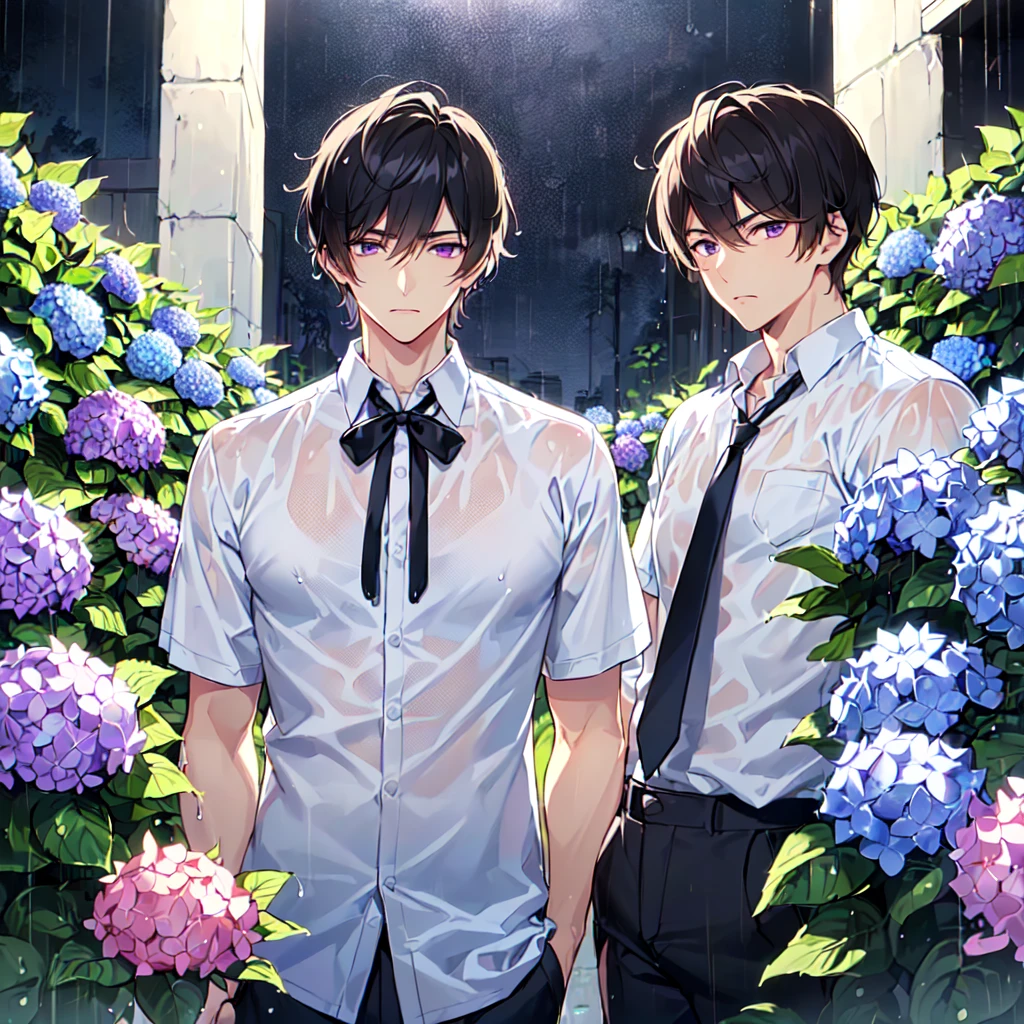 masterpiece,best quality,high quality,(1 male austere good-looking man solo adult age 30: 1.5), purple eyes, cool with suspended eyes, V-shaped eyebrows, body strong and fearless 8.5 head tall, height 185 cm, (well-groomed black short hair down to neck: 1.4), (bangs split into seven thirds: 1.4), slender nose, expression lines, throat, (shirt and black trousers: 1.3), (hand on face), (standing), (stylish pose), (melancholy expression: 1.3), (background hydrangea garden: 1.3), (night rain: 1.3), (upper body:1.3)