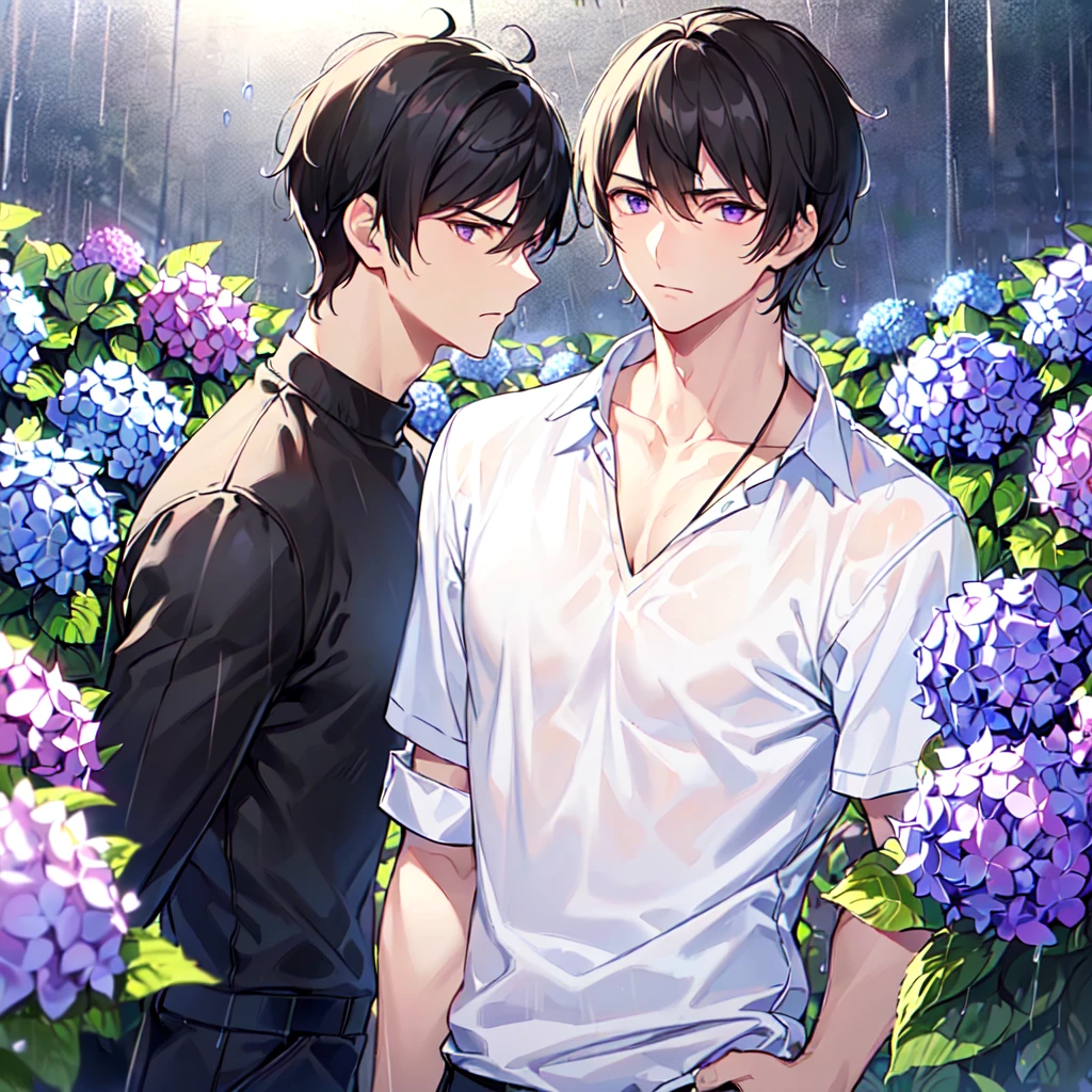 masterpiece,best quality,high quality,(2male austere handsome two people adult age 30: 1.5), purple eyes, cool with suspended eyes, V-shaped eyebrows, body strong and fearless 8.5 head tall, height 185 cm, (well-groomed short black hair down to neck: 1.4), (bangs split into seven thirds: 1.4), slender nose, facial muscles, throat, (wet shirt and black trousers: 1.3), (hand on face), (standing), (stylish pose), (melancholy expression: 1.3), (background hydrangea garden: 1.3), (night rain: 1.3), (upper body:1.3)