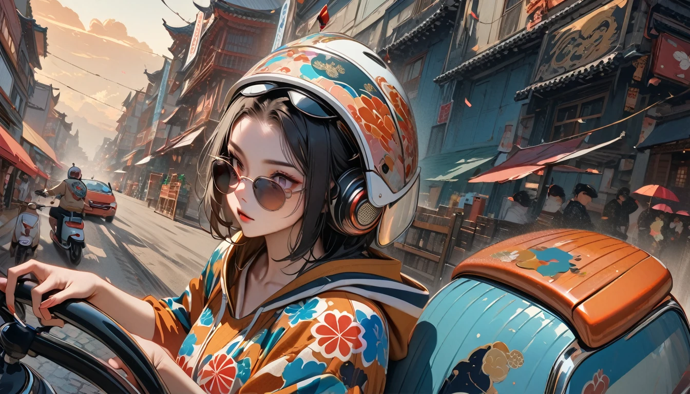 (((8K, Masterpiece, high resolution, highest quality, highest quality real texture skin))), ((wearing Japanese pattern headphones)), (((1 girl))), (((Driving a Vespa))), ((sunglasses)), (Japanese pattern hoodie, super mini shorts), (Black shiny hair, beige skin), ((Japanese patterned helmet)), (surreal, digital painting)