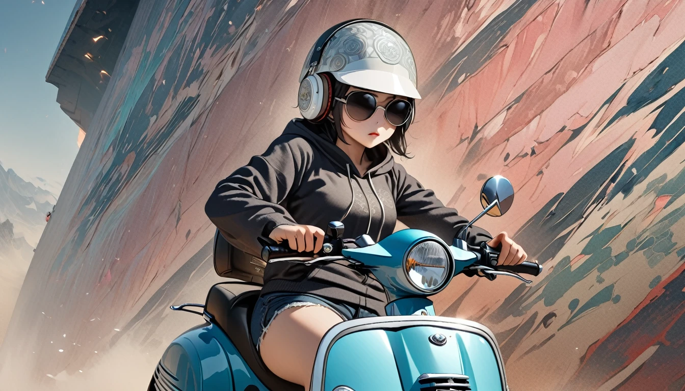 (((8K, Masterpiece, high resolution, highest quality, highest quality real texture skin))), ((wearing Japanese pattern headphones)), (((1 girl))), (((Driving a Vespa))), ((sunglasses)), (Japanese pattern hoodie, super mini shorts), (Black shiny hair, beige skin), ((Japanese patterned helmet)), (surreal, digital painting)