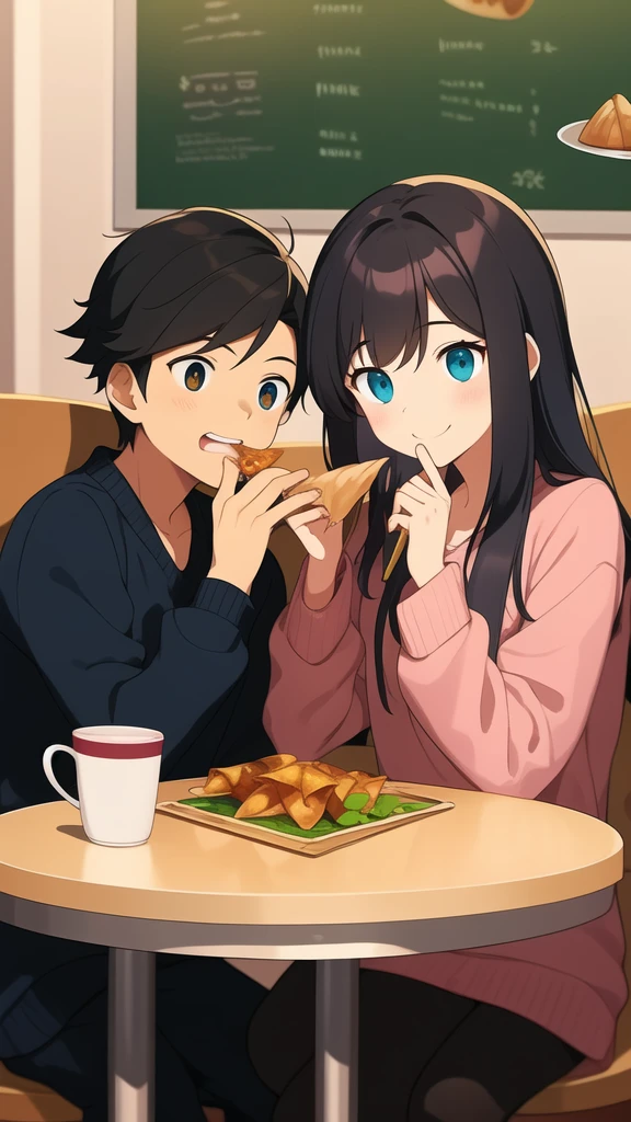 Give a me poster of a empty college canteen in background where only the Indian boy and girl seating in one table and boy with shocking expression and girl with smiling expression eating a samosa , without face reveal in illustration