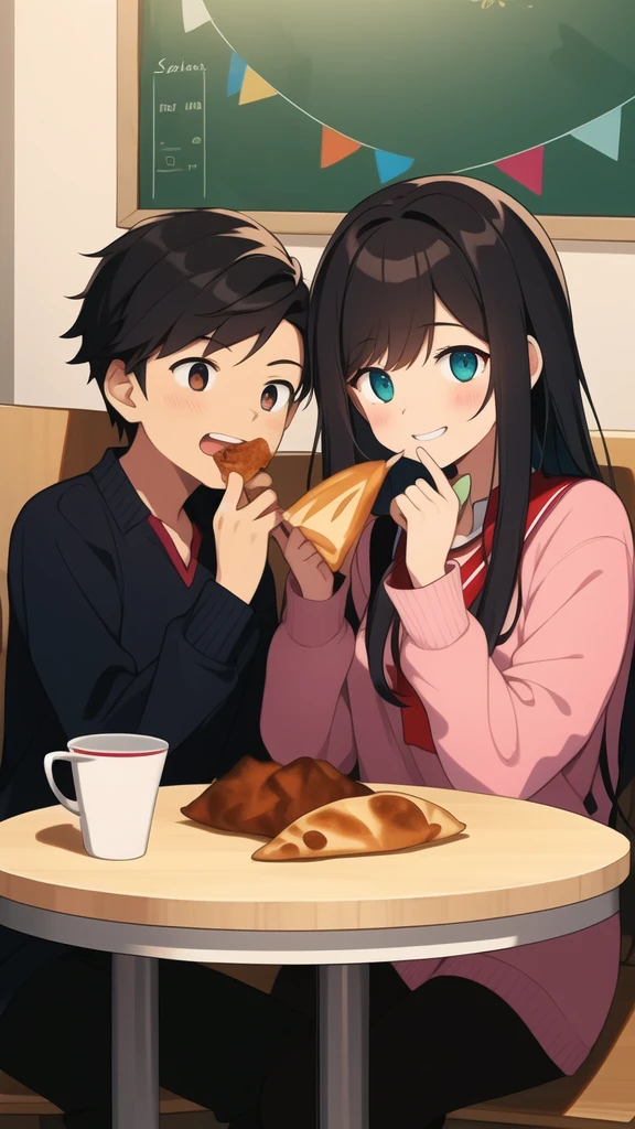 Give a me poster of a empty college canteen in background where only  the Indian boy and girl seating in one table and boy with shocking expression and girl with smiling expression eating a samosa   , without face reveal in illustration 