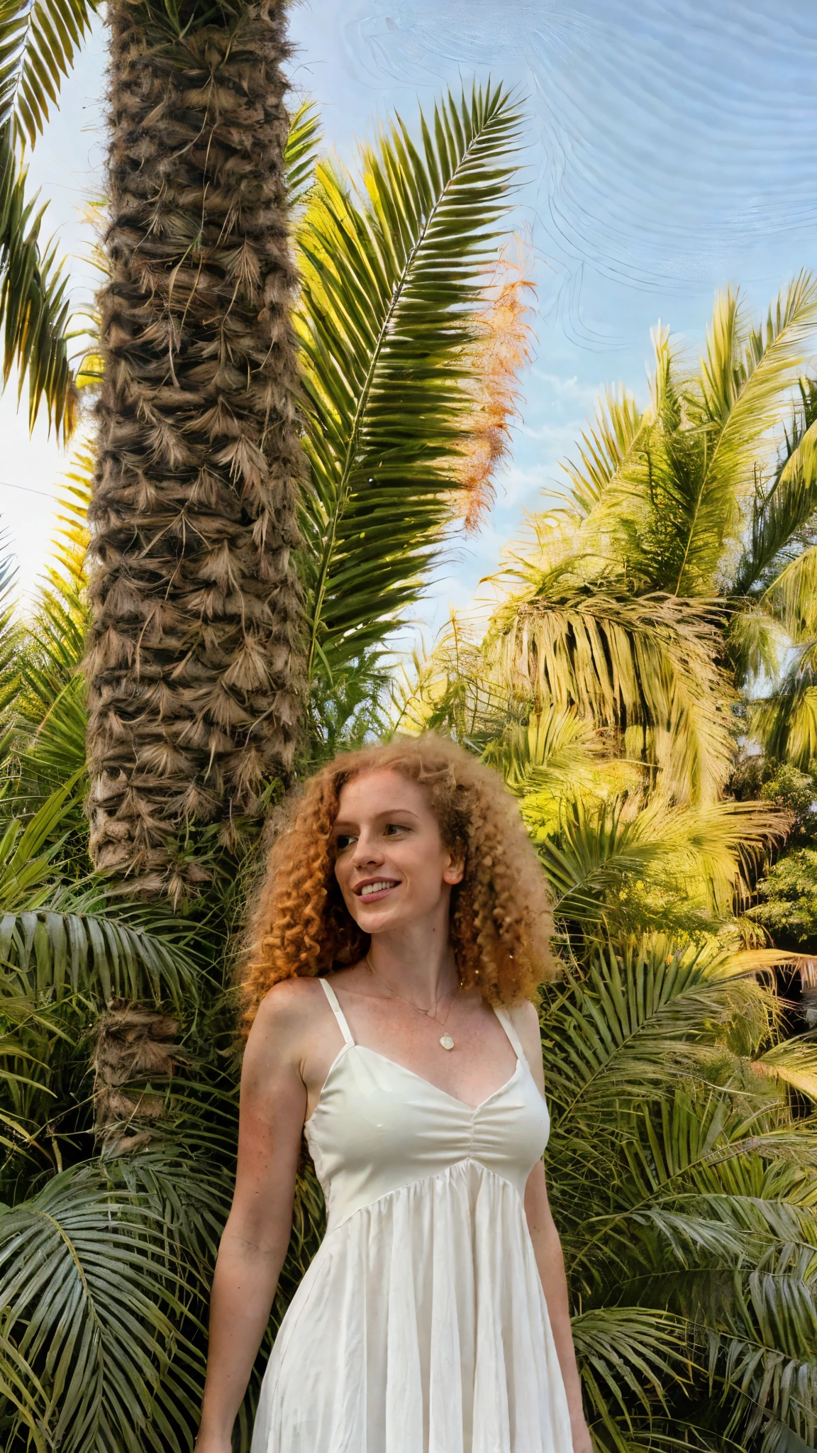 Subject and Attributes:
Main Subject: Woman with curly ginger hair
Additional Attributes: Standing in front of a tropical palm leaf background
Visual Characteristics:
Camera Angle/Shot Type: Close-up, focusing on the upper body and face
Lighting: Natural, soft light, diffused by the surrounding greenery
Art Style/Aesthetic: Photorealistic with a focus on natural beauty
Color Scheme: Earthy and natural, dominated by greens from the leaves and white from the clothing
Surrounding Environment: Dense tropical palm leaves
Descriptors of Quality: High-resolution, sharp detail, vibrant colors
Using Quality Tags:
With Quality Tags: ((best quality)), woman with curly ginger hair, wearing a white dress, standing in front of dense tropical palm leaves, photorealistic, vibrant colors, detailed
Prompt Construction:
Combine the elements above into a cohesive prompt:
"((best quality)), woman with curly ginger hair, wearing a white dress, standing in front of dense tropical palm leaves. Close-up shot, natural soft lighting that highlights her delicate features and the texture of the dress. The backdrop is lush green, creating a contrast with her white dress and ginger hair. Photorealistic style, focusing on sharp details and vibrant colors."