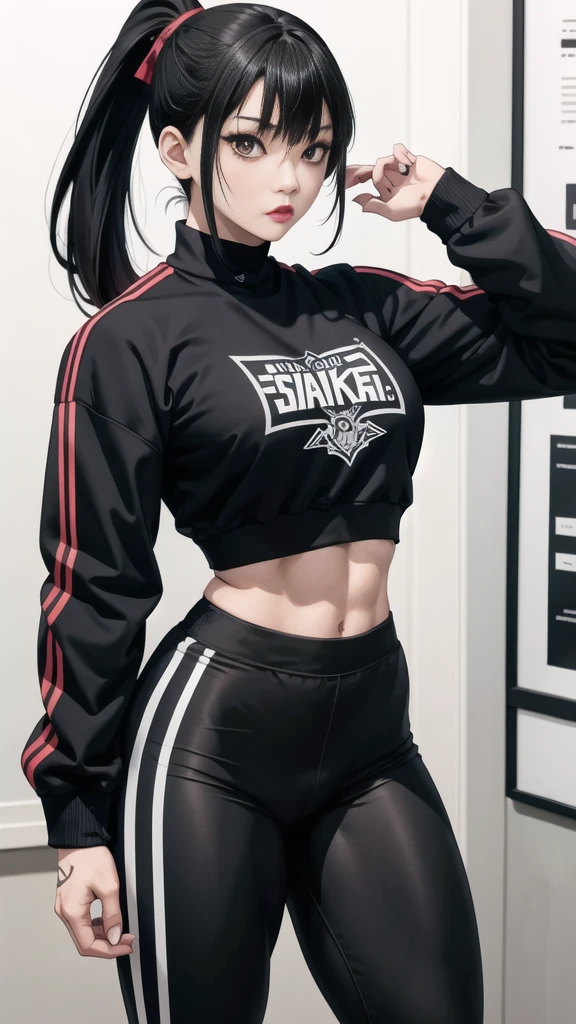 Boy, Asian, , adult, tattoo, lipstick, gothic, girl face, serious face, , black hair (ponytail with bangs), cap, muscular, cycling pants, long sleeve sweatshirt jacket, large thighs