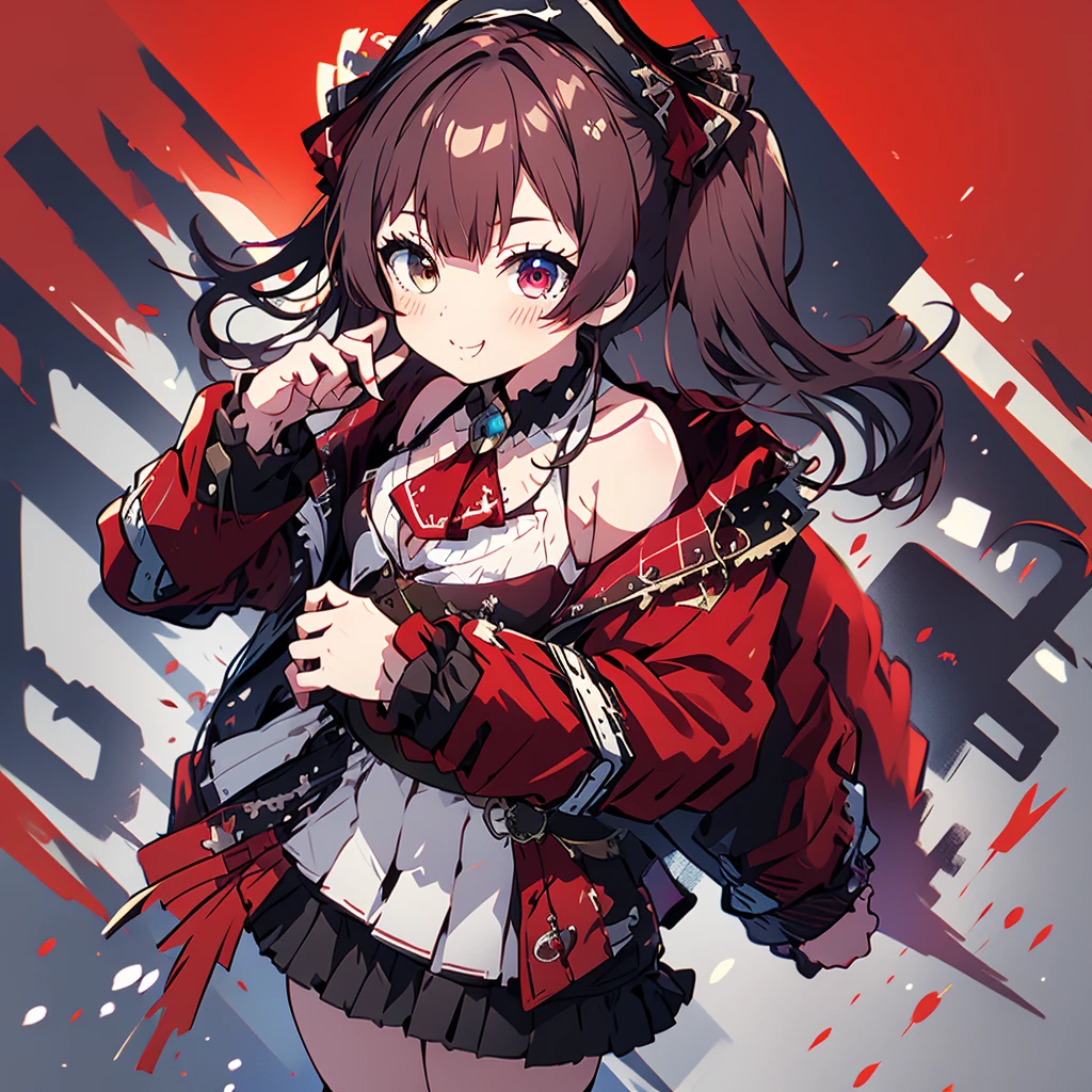 masterpiece, best quality, highres, aamarine, twintails, pirate hat, heterochromia, red ascot, bare shoulders, red shirt, off shoulder, black coat, see-through, covered navel, leotard under clothes, belt, pleated skirt, red skirt, black thighhighs, standing, cowboy shot, outdoors, blue sky, grin