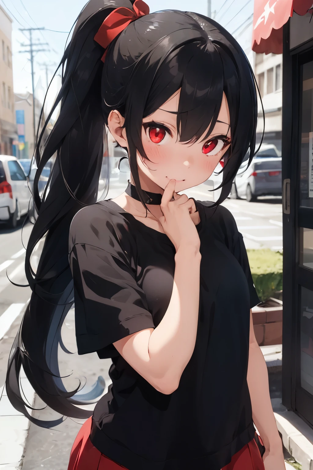 A cute girl with a long black ponytail with red eyes, showing her boobs