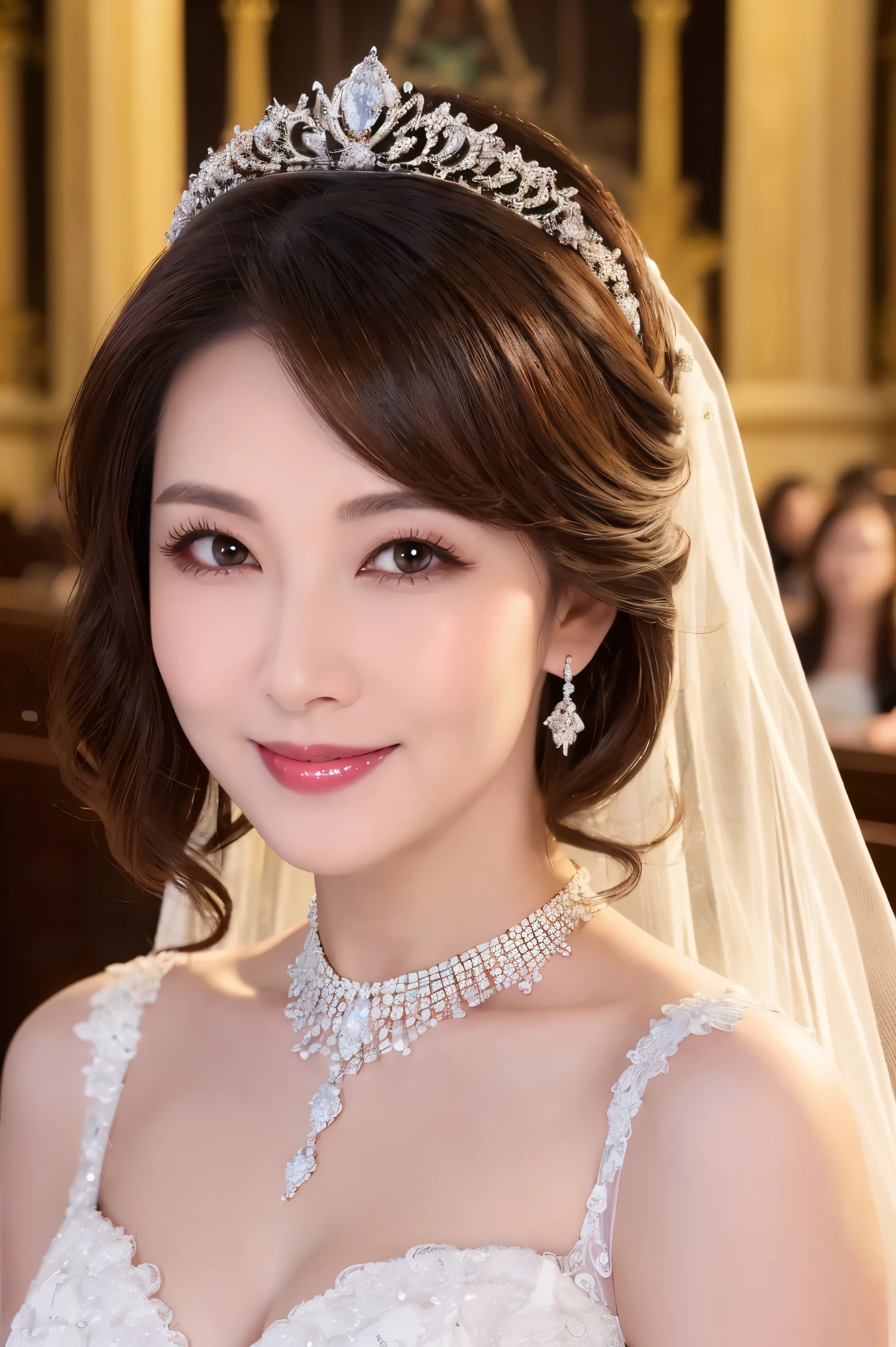 (Highest quality、Tabletop、8K、Best image quality、Award-winning works)、One beautiful bride、(alone:1.1)、(The most extravagant and gorgeous huge wedding dresses:1.1)、(Perfect Wedding Lace:1.2)、(The most gorgeous and luxurious giant tiara:1.1)、(The most luxurious and extravagant giant necklace:1.1)、Look at me with your best smile、A large selection of the finest jewellery、Upper body photo、Perfect Makeup、Long eyelashes、Ultra HD Shining Eyes、Ultra HD Hair、Ultra-high resolution glossy lips、Ultra High Resolution Perfect Teeth、Beautiful face in ultra-high definition、(Accurate anatomy:1.1)、(Very bright and beautiful skin:1.2)、(very bright and vivid:1.2)、Short Bridal Hairstyles、A gorgeous and elegant church、Gorgeous and beautiful church