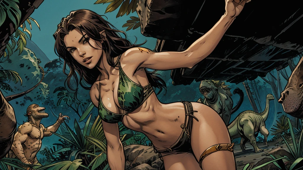  cave girl in cutoff skins and midriff, , , slender , dinosaurs, monsters, jungle foliage, volcanoes