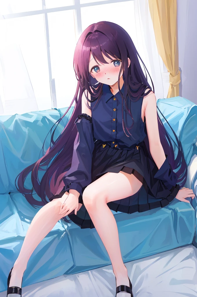 On the sofa、I can see her panties、M-shaped legs、M-shaped legs、M-shaped legs、Crouching、、I can see her panties、Blushing、Feeling embarrassed、、Semi-long hair、