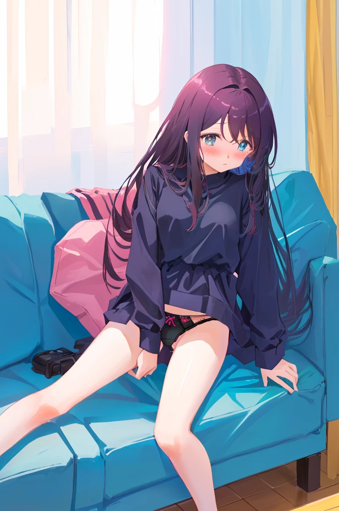 On the sofa、I can see her panties、M-shaped legs、M-shaped legs、M-shaped legs、Crouching、、I can see her panties、Blushing、Feeling embarrassed、、Semi-long hair、