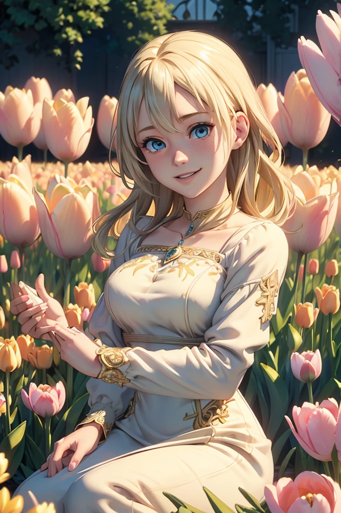 ((ultra detailed, masterpiece, absurdres))
 HGFiona, 1girl, blonde hair, blue eyes, in a field of tulips, golden hour, elegant dress, smiling