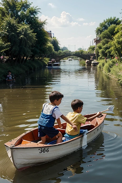 Colorful image of two boys playing during the daytime summer time in the village. One boy floats a paper boat on the river, the second boy catches this boat.