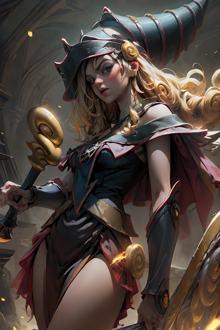 (8k,photorealistic　raw photography　the highest quality;1.4) 　(1girl in)　super beauty　(realistic face)　femenine body 　(Blonde with long curls)　Hold a black and red magic wand.　combat scene　Magic hat with black and gold exterior.　Beautiful expression　Glare　(Real looking skin)　(Giles dark wizards)　Tempting　super high resolution　A hyperrealist　high detail　Full body photo　remains